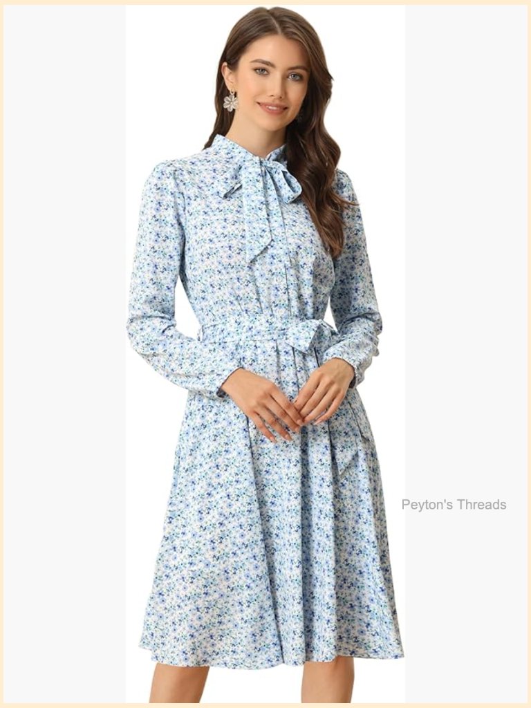 Tie Neck Chiffon Long Sleeve Belted Vintage Floral A-Line Dress